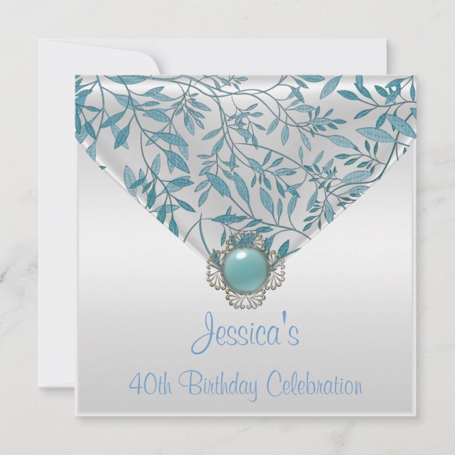 White Teal Blue Floral Jewel 40th Birthday Invitation (Front)