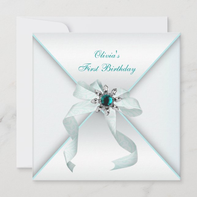 White Teal Blue Girls 1st Birthday Party Invitation (Front)
