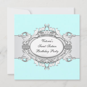 White Teal Blue Sweet Sixteen Party Invitation