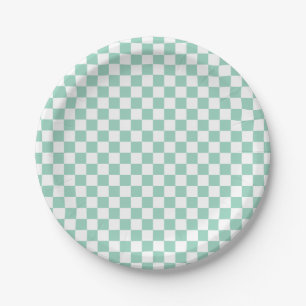 White & Teal Cute Checkerboard Paper Plates