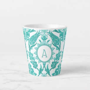 White & Teal Farmhouse Floral Tile Monogram Latte Mug