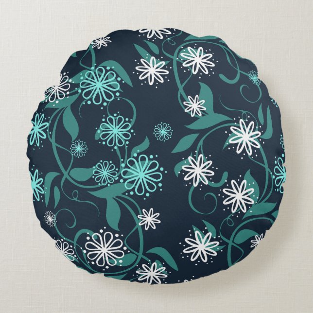 White & Teal Floral Round Pillow (Front)