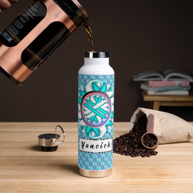 White-Teal Flower Ribbon by Kenneth Yoncich Water Bottle (Coffee)