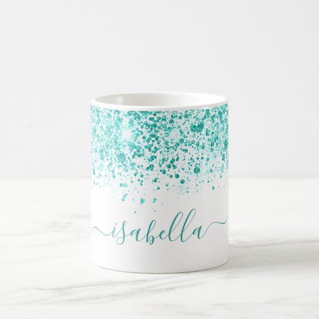 White teal glitter sea green turquoise name coffee mug (Center)