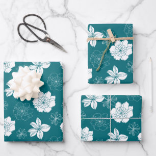White & Teal Graphic Floral Pattern Wrapping Paper Sheet