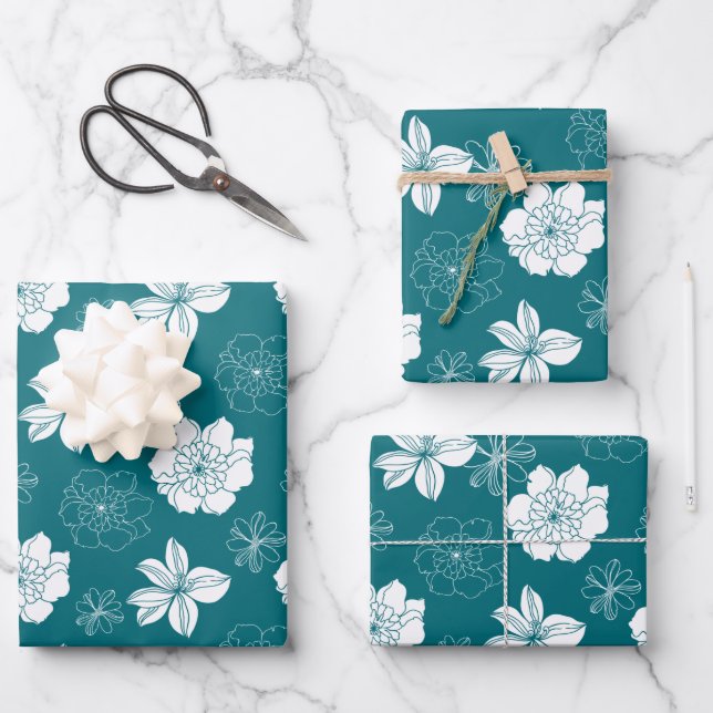White & Teal Graphic Floral Pattern   Wrapping Paper Sheet (Front)