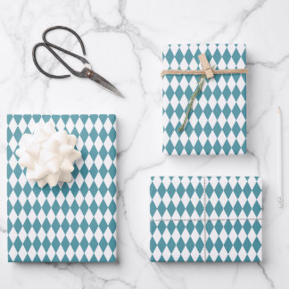 White & Teal Harlequin Diamonds Wrapping Paper Sheet
