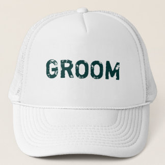 White teal lettering theme Groom hat