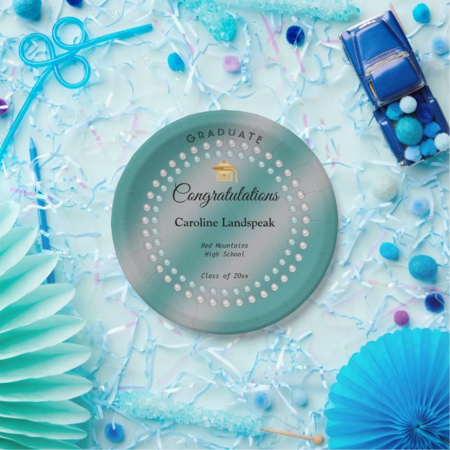 White & Teal Pearls Teal Blue Graduation Party Paper Plate (Party)