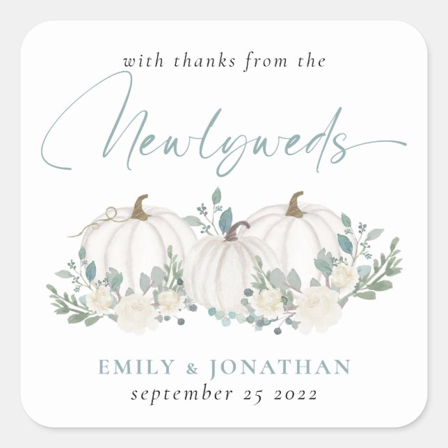 White Teal Pumpkins Florals Thanks from Newlyweds  Square Sticker (Front)