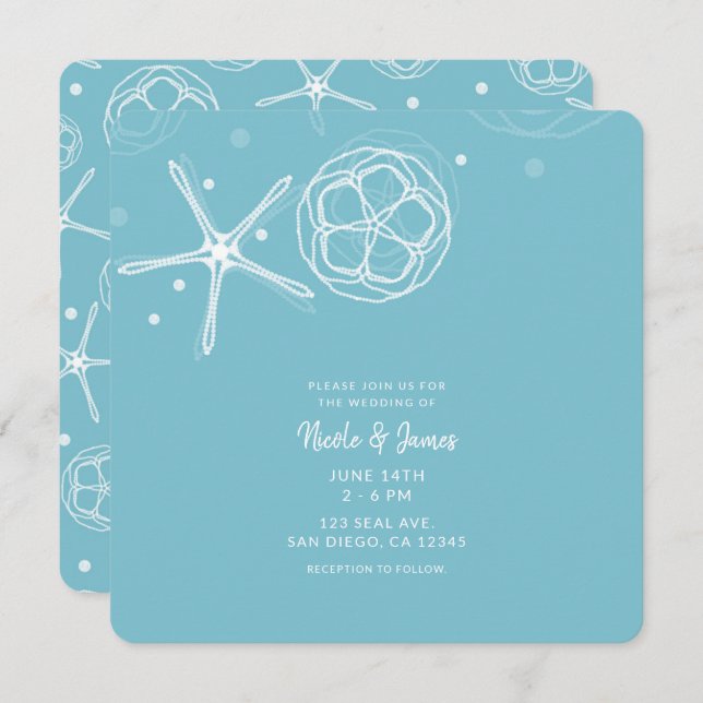White & Teal Starfish Elegant Beach Wedding Invitation (Front/Back)