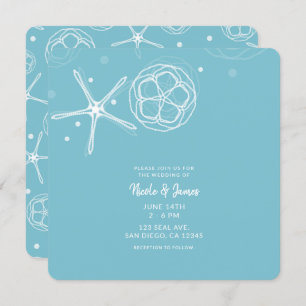 White & Teal Starfish Elegant Beach Wedding Invitation