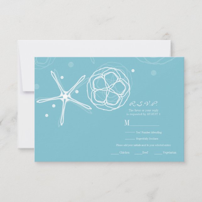 White & Teal Starfish Elegant Wedding RSVP Reply Card (Front)