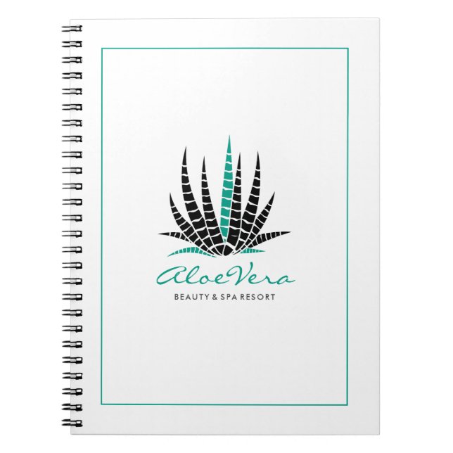 White & Teal Stylised Aloe Vera Illustration Notebook (Front)