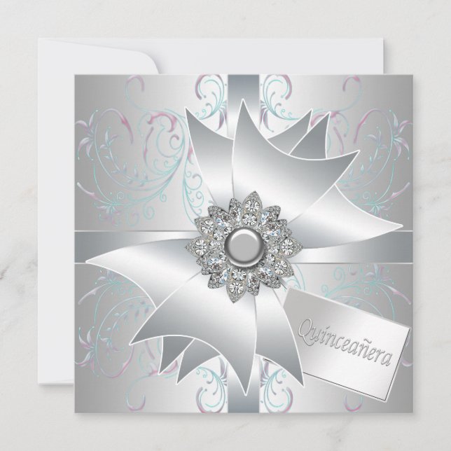 White Teal Swirls Quinceanera Invitation (Front)