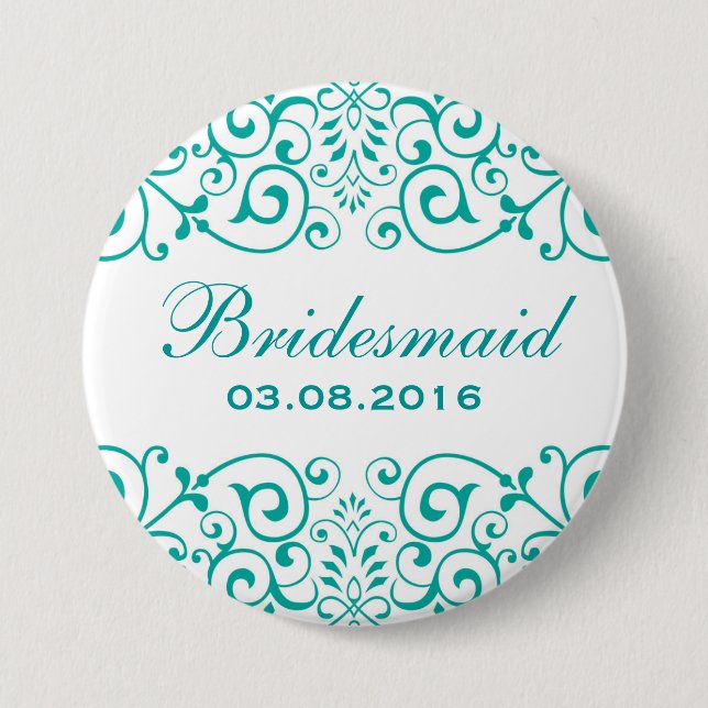 White Teal Victorian Floral Bridesmaid Button (Front)