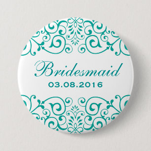 White Teal Victorian Floral Bridesmaid Button