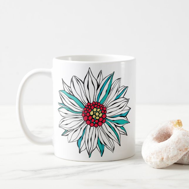 White Teal Yellow Orange Red Daisy Flowers Coffee Mug (With Donut)