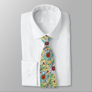 White Teal Yellow Orange Red Daisy Flowers Pattern Tie