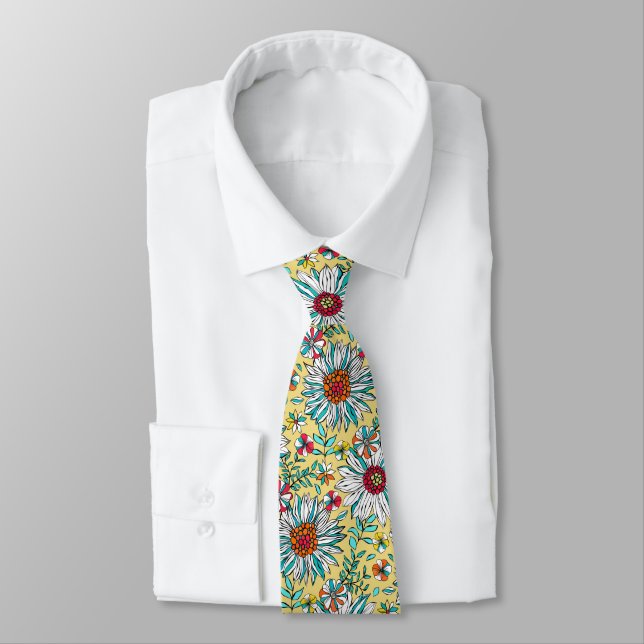 White Teal Yellow Orange Red Daisy Flowers Pattern Tie (Tied)