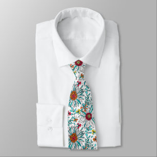 White Teal Yellow Orange Red Daisy Flowers Pattern Tie