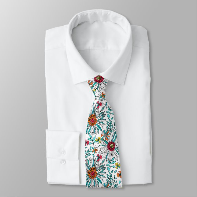 White Teal Yellow Orange Red Daisy Flowers Pattern Tie (Tied)