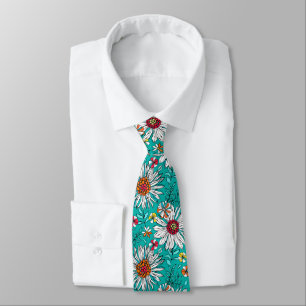 White Teal Yellow Orange Red Daisy Flowers Pattern Tie