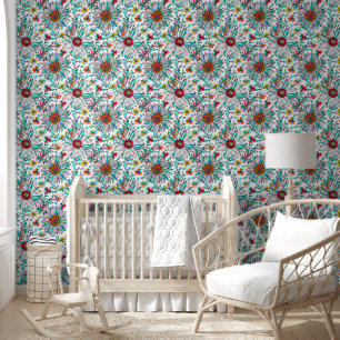 White Teal Yellow Orange Red Daisy Flowers Pattern Wallpaper
