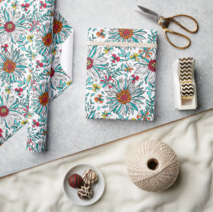White Teal Yellow Orange Red Daisy Flowers Pattern Wrapping Paper