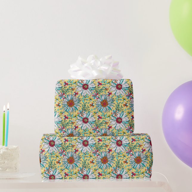 White Teal Yellow Orange Red Daisy Flowers Pattern Wrapping Paper (Party Gifts)