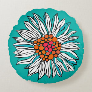 White Teal Yellow Orange Red Daisy Flowers Round Cushion