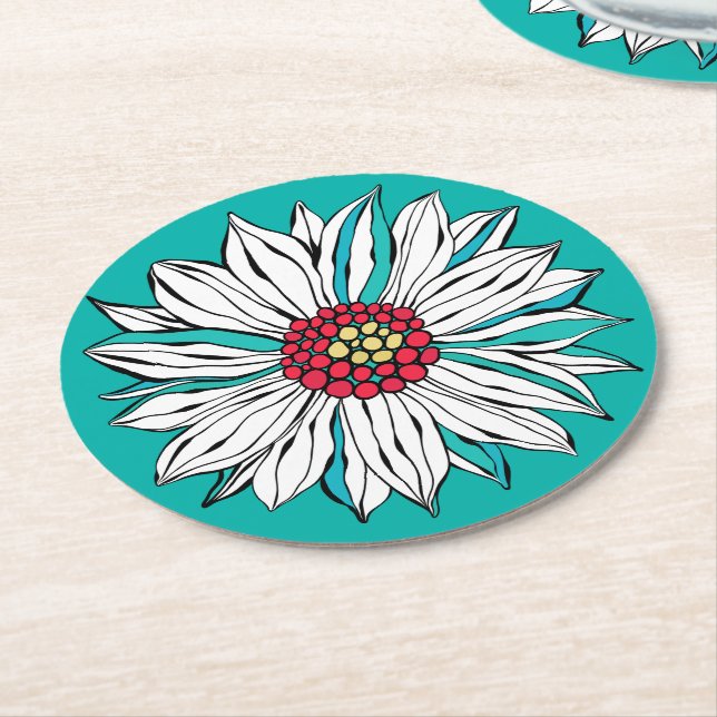 White Teal Yellow Red Daisy Flower Round Round Paper Coaster (Angled)