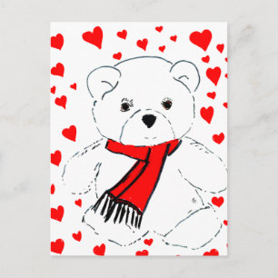 White Teddy Bear and Hearts Postcard