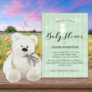 White Teddy Bear Diamond Sage Green Baby Shower Invitation