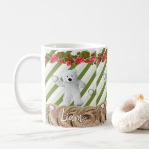 White Teddy Bear Green White Stripe Mug