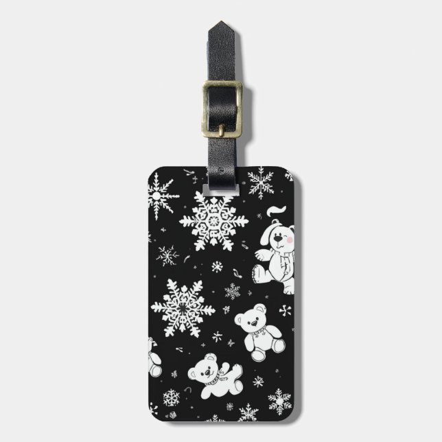 White Teddy Bear & Snowflake Seamless Pattern Luggage Tag (Front Vertical)
