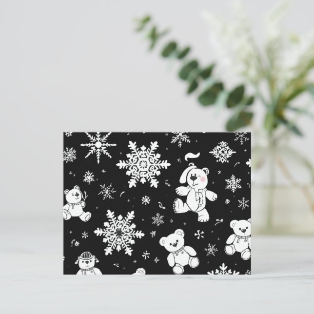White Teddy Bear & Snowflake Seamless Pattern Postcard (Standing Front)