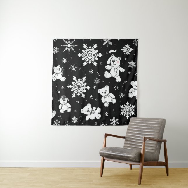 White Teddy Bear & Snowflake Seamless Pattern Tapestry (In Situ)