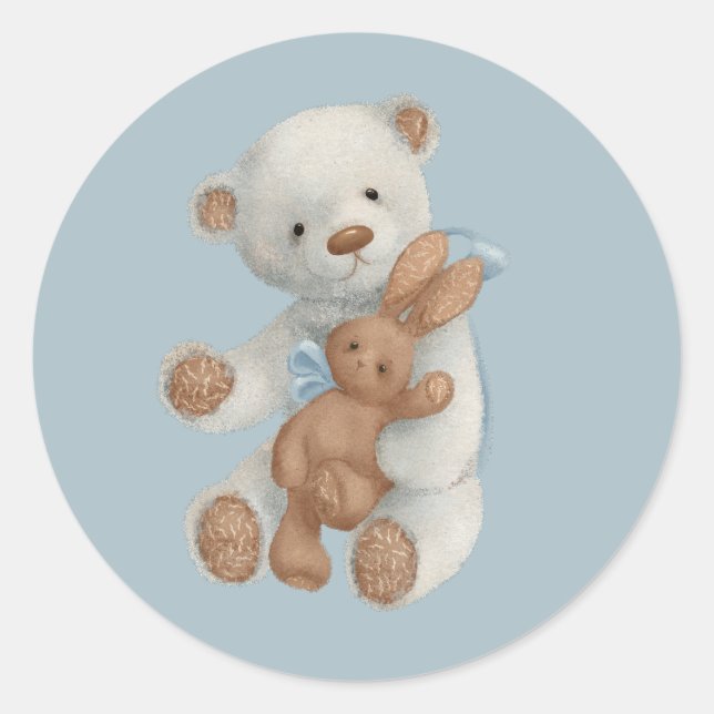 White Teddy Bear with rabbit Classic Round Sticker (Front)