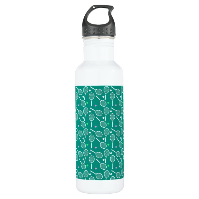 White Tennis Racket and a Ball Pattern Green 710 Ml Water Bottle (Front)
