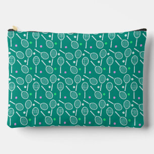 White Tennis Racket and a Ball Pattern Green Accessory Pouch