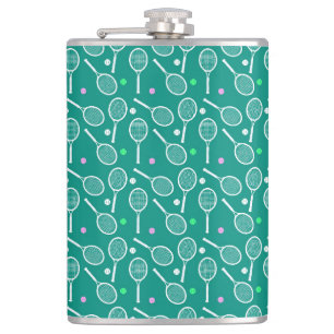 White Tennis Racket and a Ball Pattern Green Hip Flask