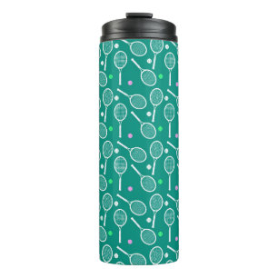 White Tennis Racket and a Ball Pattern Green Thermal Tumbler