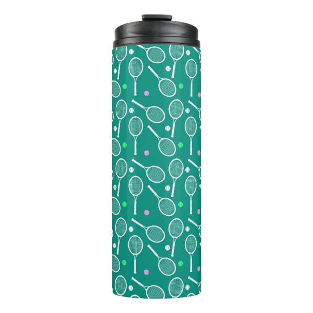 White Tennis Racket and a Ball Pattern Green Thermal Tumbler (Front)
