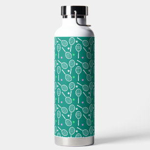 White Tennis Racket and a Ball Pattern Green Water Bottle