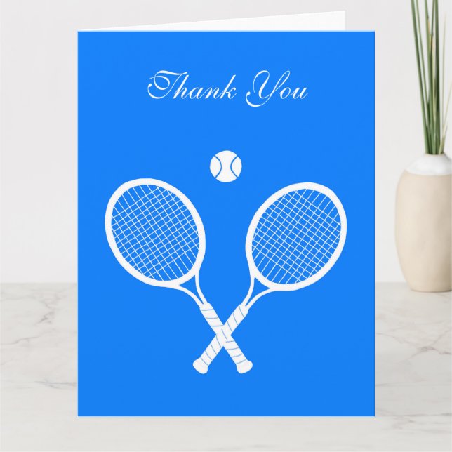 White Tennis Rackets and Ball Blue Thank You Card (Front)