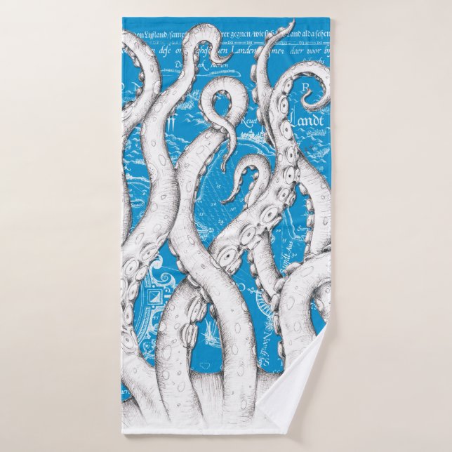 White Tentacles Octopus Vintage Map Blue Nautical Bath Towel Set (Bath Towel)