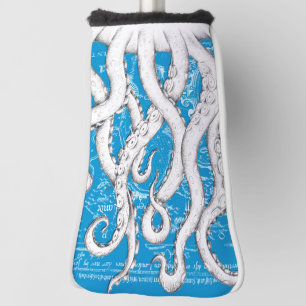White Tentacles Octopus Vintage Map Blue Nautical Golf Head Cover