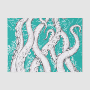 White Tentacles Octopus Vintage Map Teal Nautical Tissue Paper
