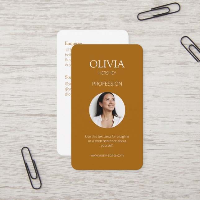 White / Terracotta Photo Social QR Code  Business Card (Front/Back In Situ)